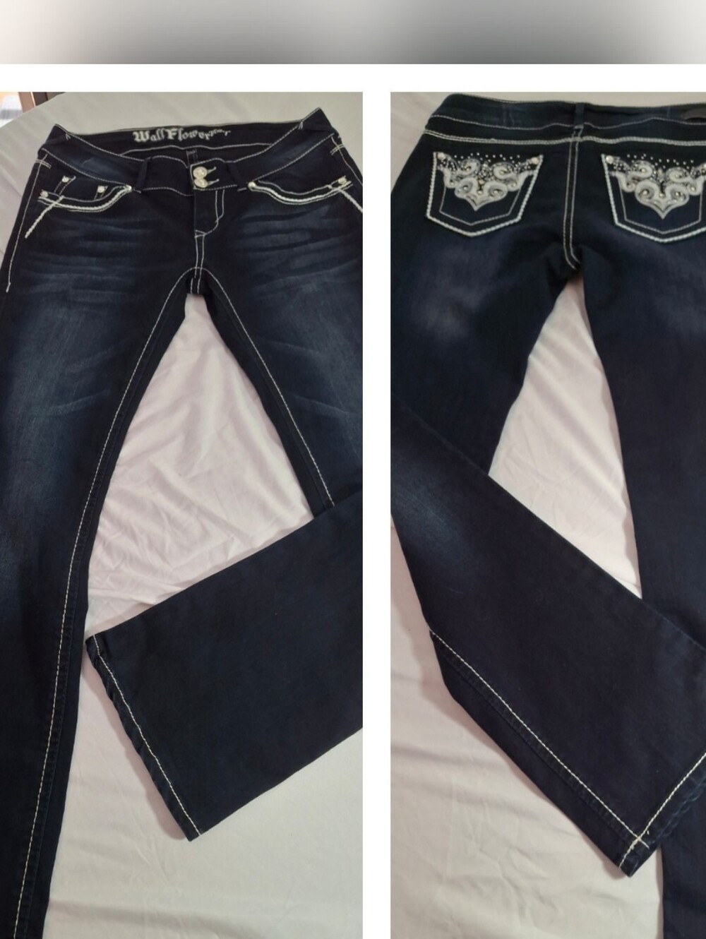Wallflower Vintage Dark Boot-Cut Jeans with Embellished Pockets. NWOT. Ladies 13